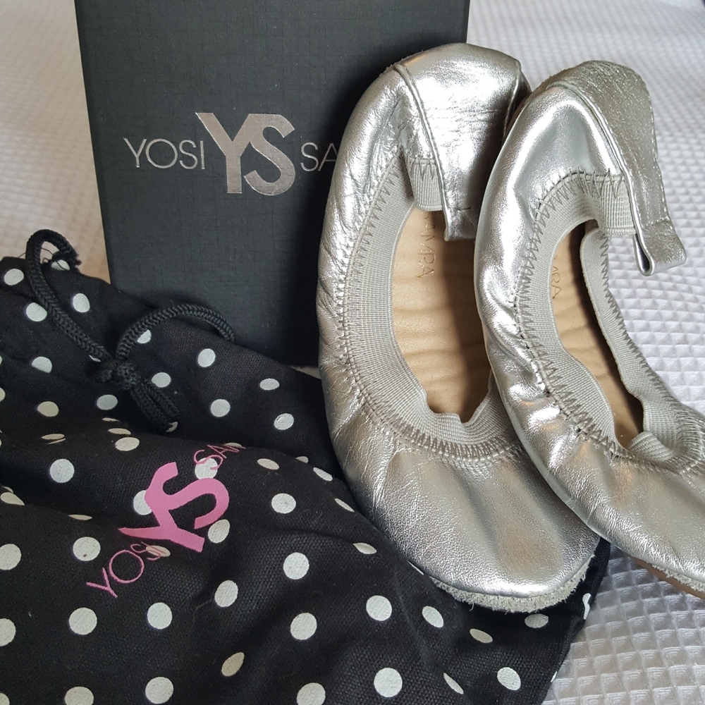Yosi Samra Girls Size 10 Sammie Silver Leather Ballet Flats Shoes